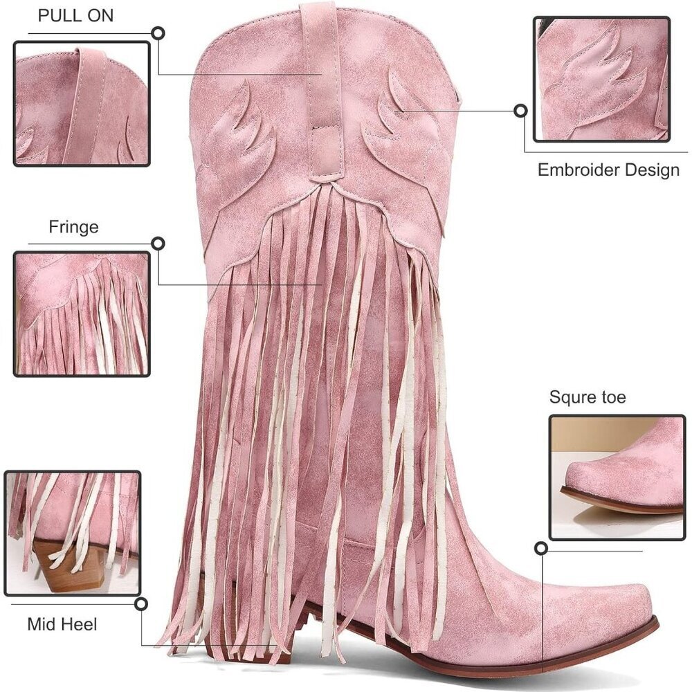 Women's Pink Fringe Cowboy Boots Square Toe Mid Calf Embroidered Western Boots - Picture 3 of 7